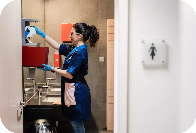 Agente NCIEC en gants de protection dans des sanitaires